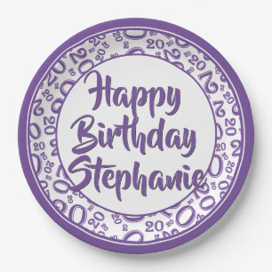 20th Party Random Number Pattern Purple/White Paper Plate