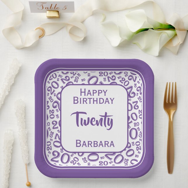 20th Party Random Number Pattern Purple/White Paper Plate (Wedding)