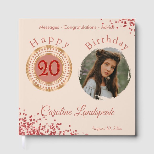 20th Ruby Red Glitter Birthday Photo Guest Book  (Front)