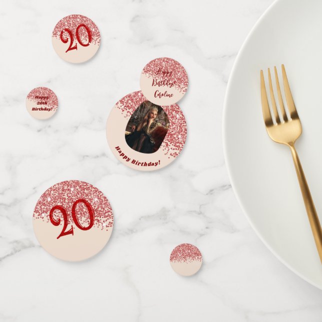 20th Ruby Red Glitter Birthday Photo Table  Confetti (Group)