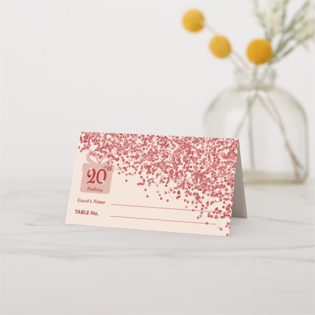 20th Ruby Red Glitter Burgundy Birthday Place Card (Front)