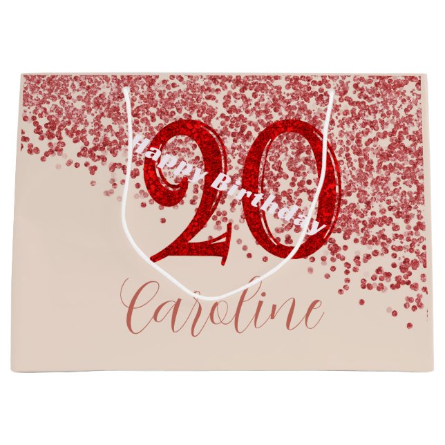 20th Ruby Red Glitter Champagne Birthday Large Gift Bag (Front)