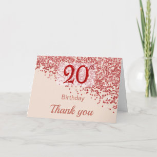 20th Ruby Red Glitter Champagne Birthday Thank You Card