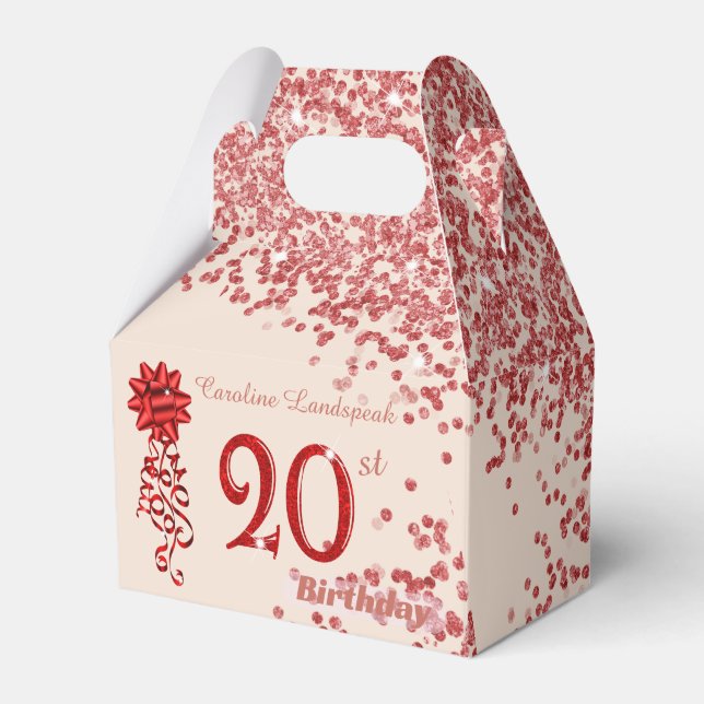 20th Ruby Red Glitter Champagne Gold Birthday  Favour Box (Front Side)