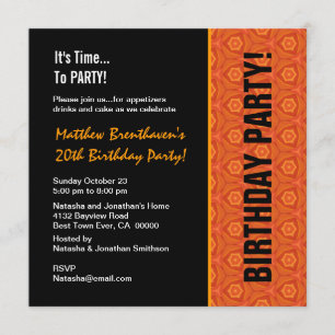 20th Teen Birthday Modern Orange and Black B321 Invitation