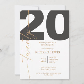 20th Twentieth Birthday Modern Twenty Party  Invitation