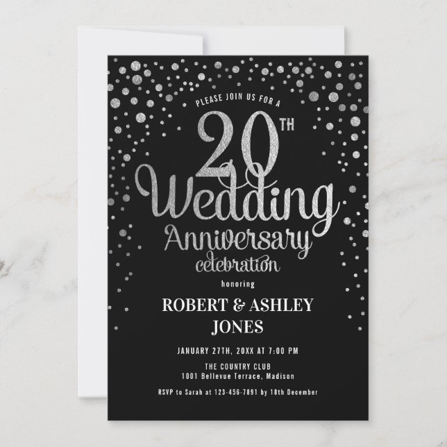 20th Wedding Anniversary - Black & Silver Invitation (Front)