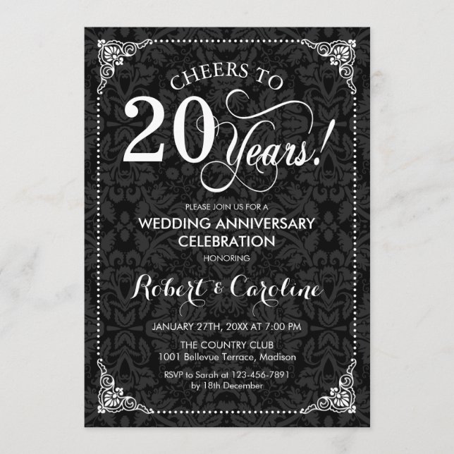 20th Wedding Anniversary - Black White Damask Invitation (Front)