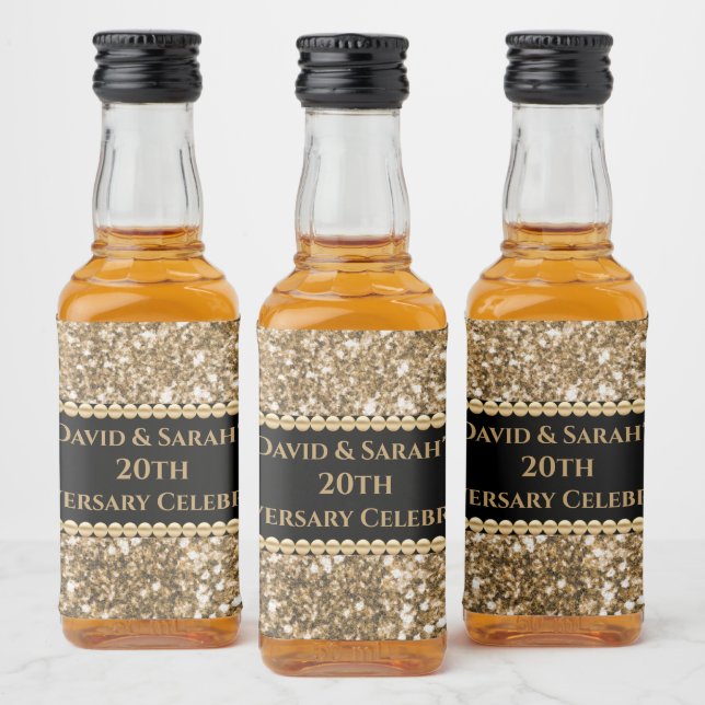 20th Wedding Anniversary Celebration Gold Glitter  Liquor Bottle Label (Bottles)