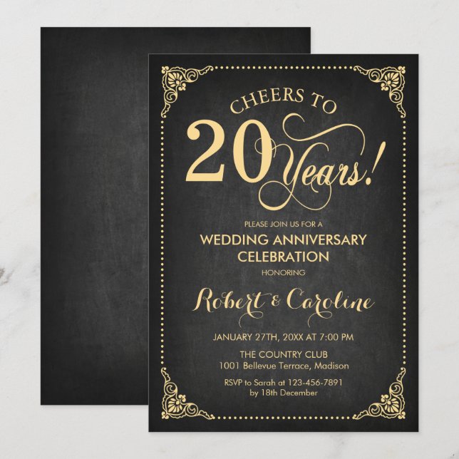 20th Wedding Anniversary - Chalkboard Gold Invitation (Front/Back)