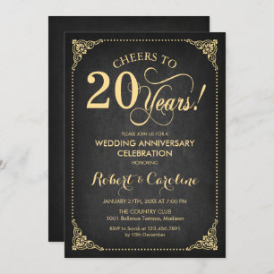 20th Wedding Anniversary - Chalkboard Gold Invitation