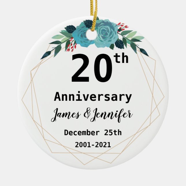 20th Wedding Anniversary Custom Names and Year  Ceramic Tree Decoration (Front)