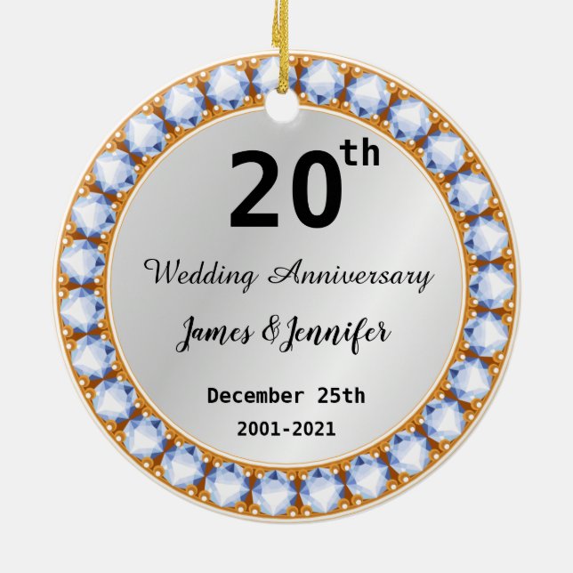 20th Wedding Anniversary diamond Custom Names Ceramic Tree Decoration (Back)