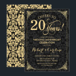 20th Wedding Anniversary - Gold Black Damask Invitation<br><div class="desc">Golden 20th Wedding Anniversary Invitation.
Elegant vintage black and faux gold design with damask pattern. Features script font. Cheers to 20 years! Can be personalized into any year of marriage! Message me if you need further customization.</div>