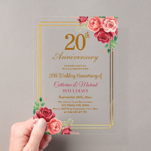 20th Wedding Anniversary Gold Frame Floral Acrylic Invitations