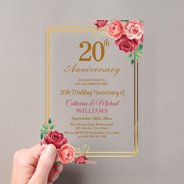 20th Wedding Anniversary Gold Frame Floral Acrylic Invitations (Insitu (Handheld))