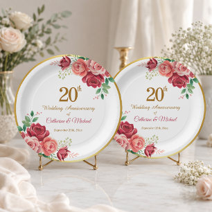 20th Wedding Anniversary Gold Frame Floral Paper Plate