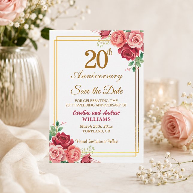 20th Wedding Anniversary Gold Frame Floral  Save The Date (Creator Uploaded)