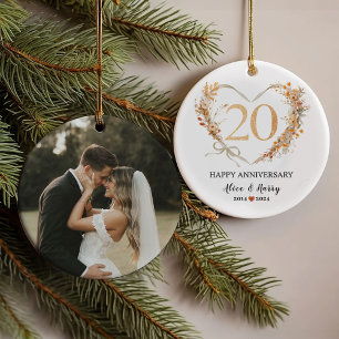 20th Wedding Anniversary Gold Hearts Couple Photo  Ornament
