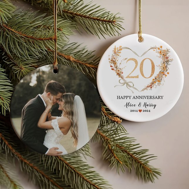 20th Wedding Anniversary Gold Hearts Couple Photo  Ornament (Creator Uploaded)