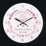 20th Wedding Anniversary Hearts Large Clock<br><div class="desc">Celebrate a milestone wedding anniversary with this gorgeous and elegant wall clock with a design featuring a wreath with red and pink hearts.</div>