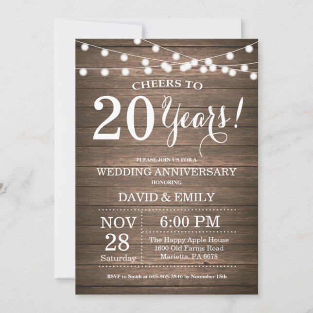 20th Wedding Anniversary Invitation Rustic Wood (Front)