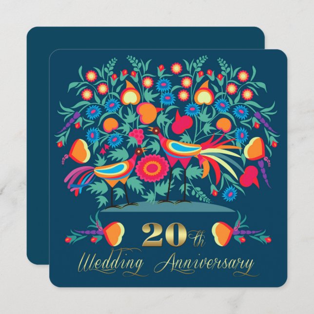 20th Wedding Anniversary Party Folk Art Invitation (Front/Back)