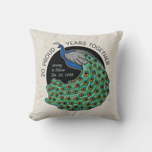 20th Wedding Anniversary, Peacock and Hearts Cushion