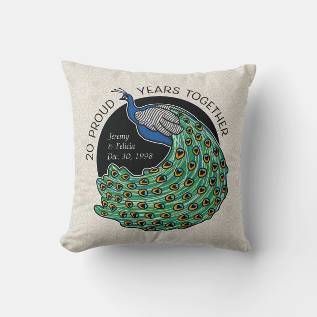 20th Wedding Anniversary, Peacock Bird Hearts Cushion (Front)