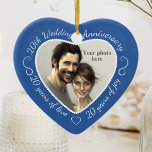 20th Wedding Anniversary Photo Ceramic Tree Decoration<br><div class="desc">Celebrate a 20th happy year of marriage with a custom photo ornament in a delightful heart shape frame. Simply upload your own photo of the married couple and it will appear in the cutout. The blue surround features a white script font and decorations. The words are: 20th Wedding Anniversary -...</div>