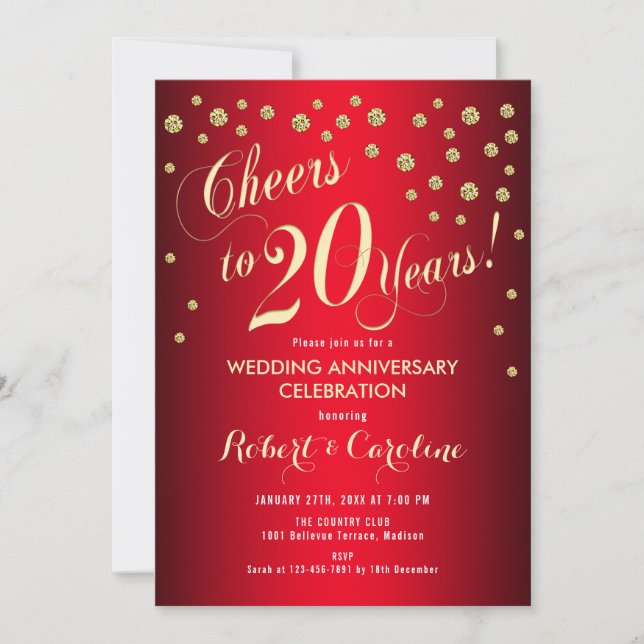 20th Wedding Anniversary - Red & Gold Invitation (Front)