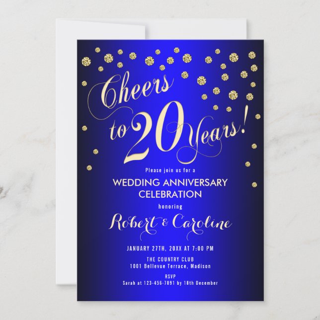 20th Wedding Anniversary - Royal Blue & Gold Invitation (Front)