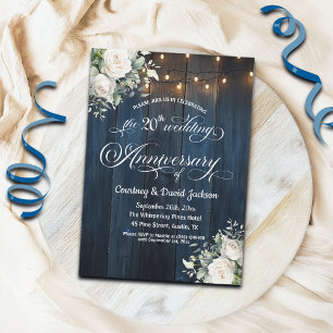 20th Wedding Anniversary Rustic Blue String Lights Invitation