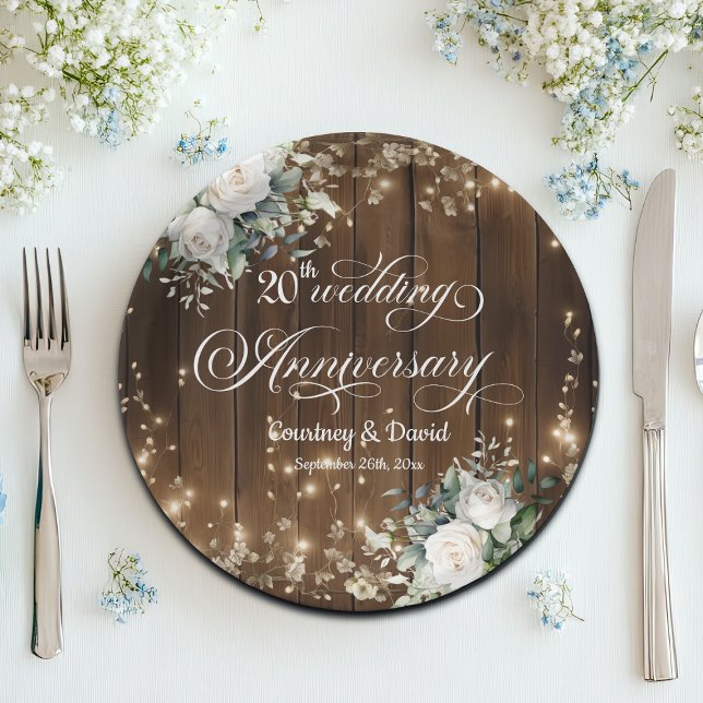 20th Wedding Anniversary Rustic String Lights  Paper Plate (Creator Uploaded)