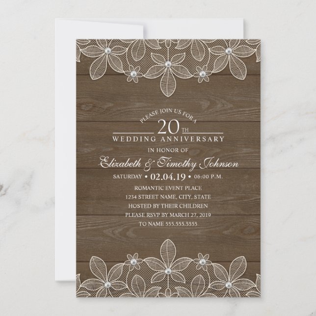 20th Wedding Anniversary Rustic Wood Country Lace Invitation (Front)