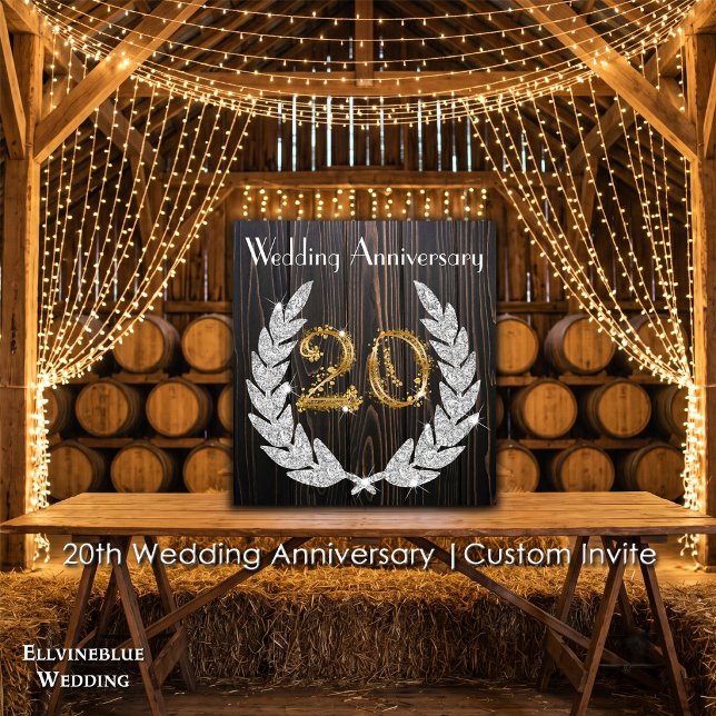 20th Wedding Anniversary | Rustic Wood & Gold Invitation (20th Wedding Anniversary Invite | Rustic Wood & Diamond Laurel. Size: 5.25” x 5.25”)