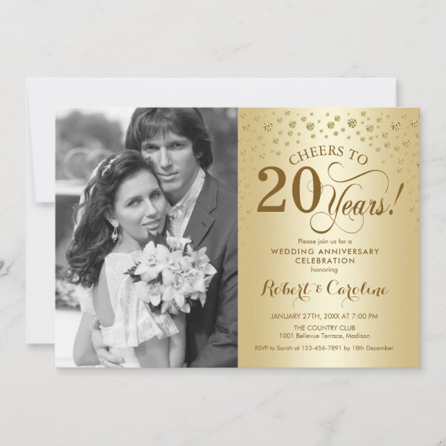 20th Wedding Anniversary with Photo - Gold Invitation (Front)