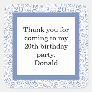 20th Your Age Random Number Pattern Blue/White Square Sticker