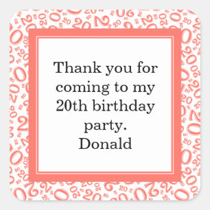 20th Your Age Random Number Pattern Coral/White Square Sticker