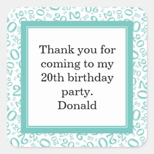 20th Your Age Random Number Pattern Teal/White Square Sticker