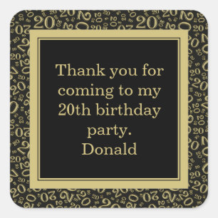 20th Your Photo Random Number Pattern Black/Gold Square Sticker