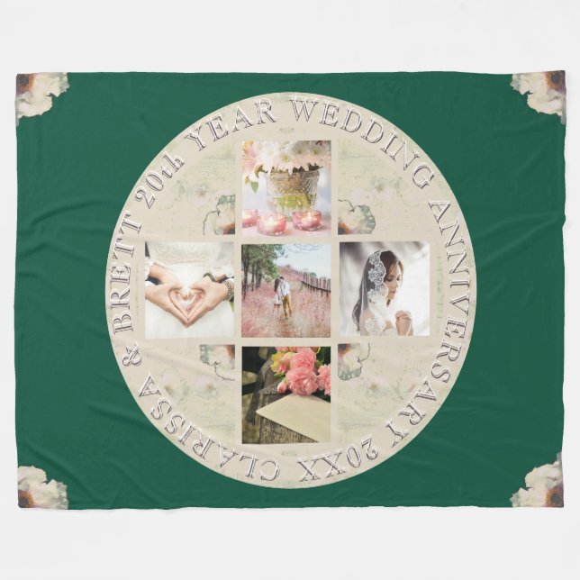 20th yr.Wedding Anniversary 5 Photos Emerald Fleece Blanket (Front (Horizontal))