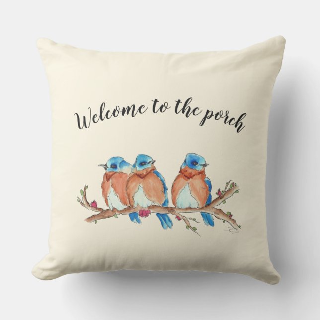 20x20 Watercolor bluebirds, "Welcome to the porch" Cushion (Front)