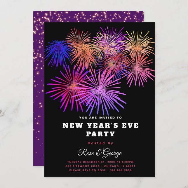 20XX New Year's Eve Party Fireworks Gold Glitter  Invitation (Front/Back)