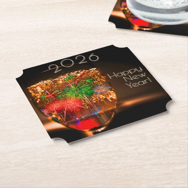 20xx wishes with fireworks and bubbles paper coaster (Angled)