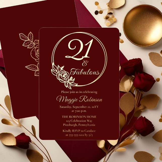 21 and Fabulous 21st Birthday Party Stamped ("21 and Fabulous" 21st Birthday Party Stamped Foil Invitations - Burgundy)