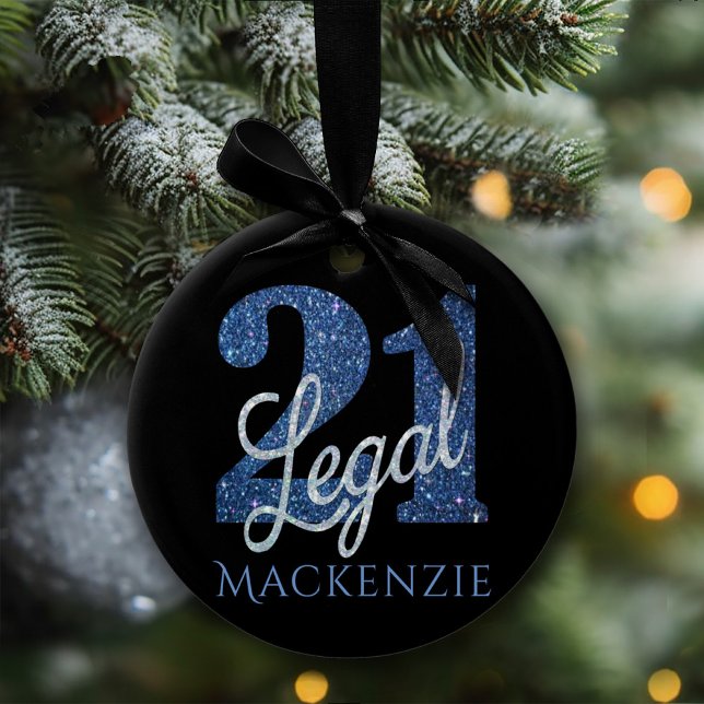 21 and Legal | Blue Faux Glitter 21st Birthday Ceramic Tree Decoration (Creator Uploaded)