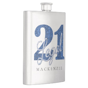 21 and Legal   Blue Faux Glitter 21st Birthday Hip Flask