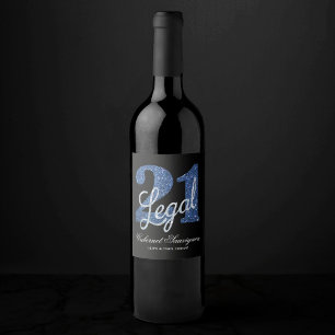 21 and Legal   Blue Glitter Custom 21st Birthday Wine Label
