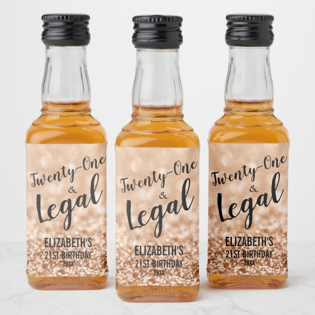 21 and Legal Blush Rose Gold Glitter Custom Mini Liquor Bottle Label (Bottles)